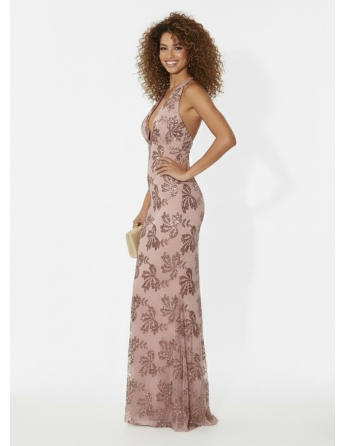 ROBE DE SOIRÉE LONGUE ROSE À SEQUINS – DÉCOLLETÉ PLONGEANT & COUPE SIRÈNE