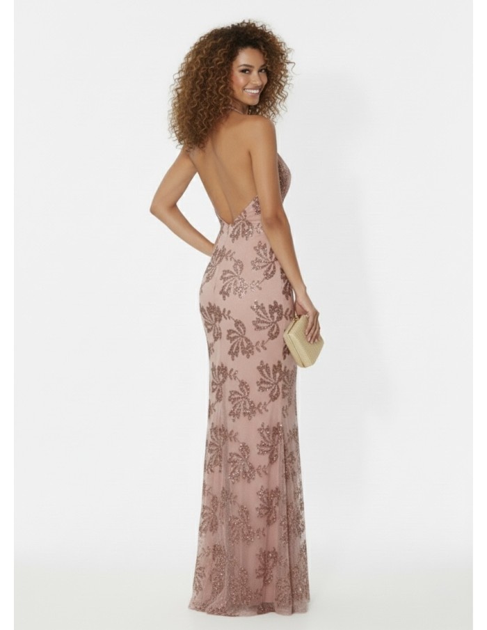 ROBE DE SOIRÉE LONGUE ROSE À SEQUINS – DÉCOLLETÉ PLONGEANT & COUPE SIRÈNE