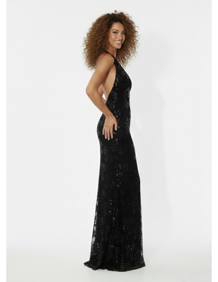 ROBE DE SOIRÉE LONGUE NOIR À SEQUINS – DÉCOLLETÉ PLONGEANT & COUPE SIRÈNE