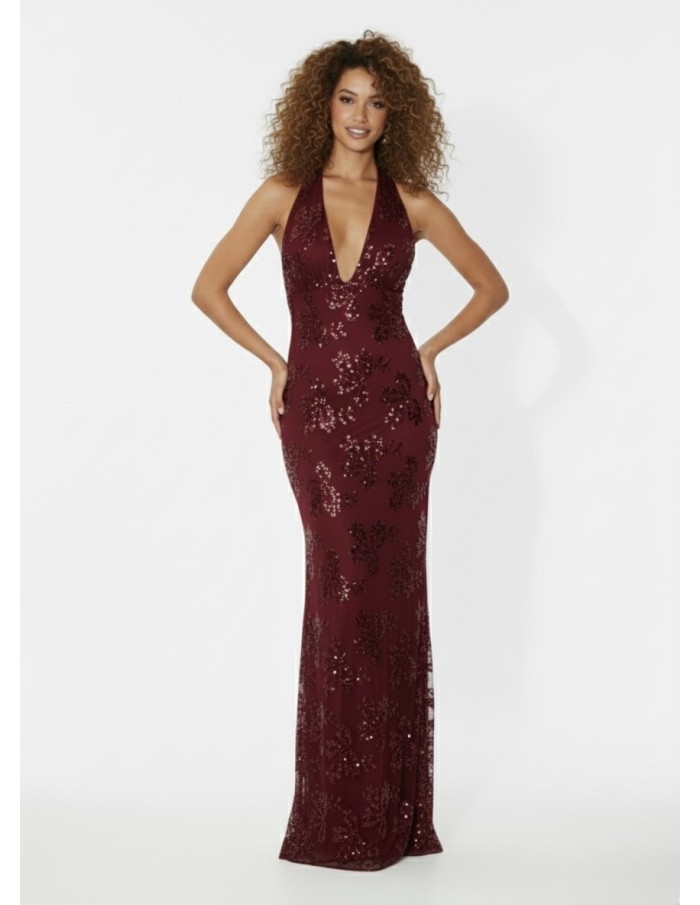 ROBE DE SOIRÉE LONGUE BORDEAUX À SEQUINS – DÉCOLLETÉ PLONGEANT & COUPE SIRÈNE