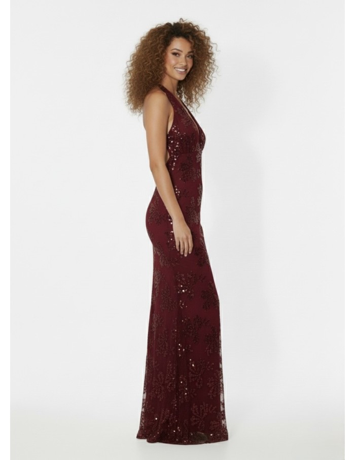 ROBE DE SOIRÉE LONGUE BORDEAUX À SEQUINS – DÉCOLLETÉ PLONGEANT & COUPE SIRÈNE