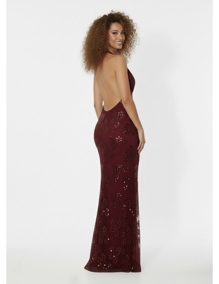 ROBE DE SOIRÉE LONGUE BORDEAUX À SEQUINS – DÉCOLLETÉ PLONGEANT & COUPE SIRÈNE