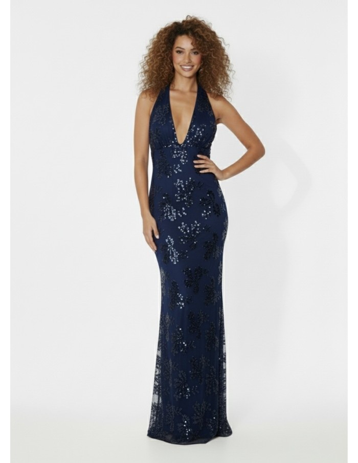 ROBE DE SOIRÉE LONGUE BLEU À SEQUINS – DÉCOLLETÉ PLONGEANT & COUPE SIRÈNE