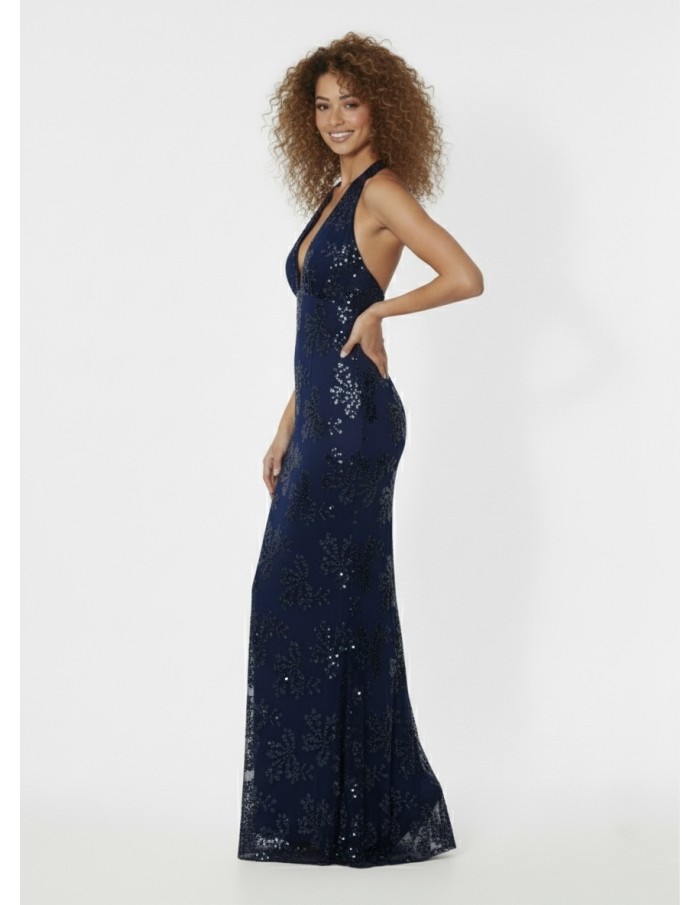 ROBE DE SOIRÉE LONGUE BLEU À SEQUINS – DÉCOLLETÉ PLONGEANT & COUPE SIRÈNE