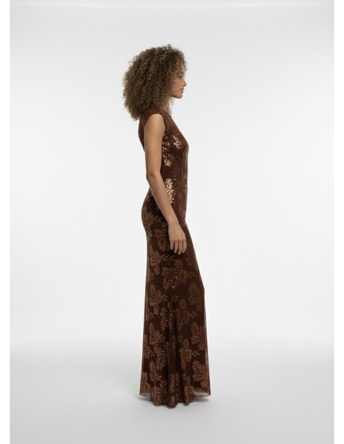 ROBE LONGUE FLEURIE MARRON À DOS NU - FEMME