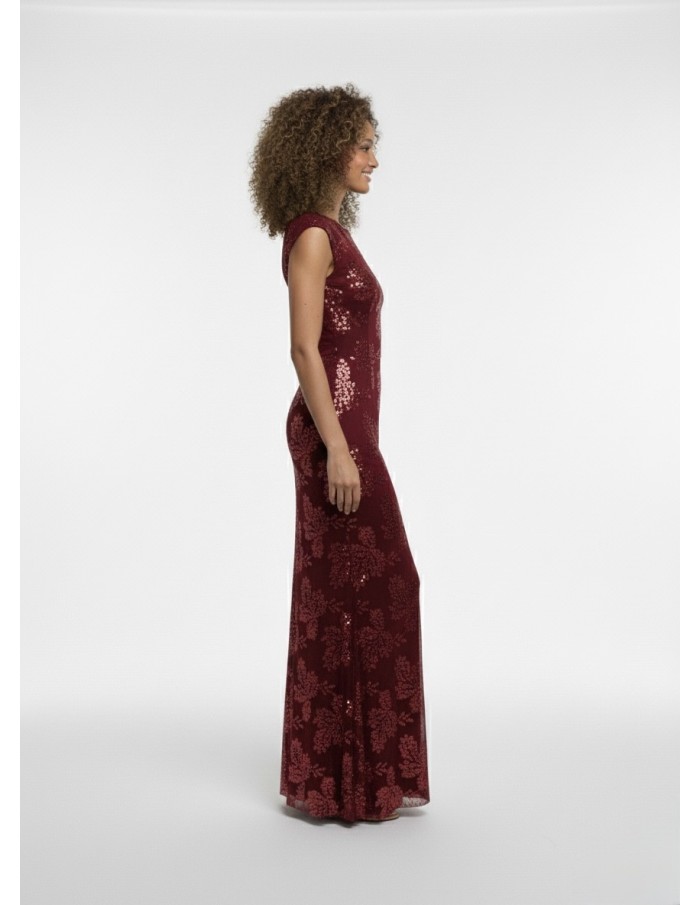 ROBE LONGUE FLEURIE BORDEAUX À DOS NU - FEMME