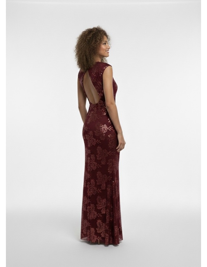 ROBE LONGUE FLEURIE BORDEAUX À DOS NU - FEMME