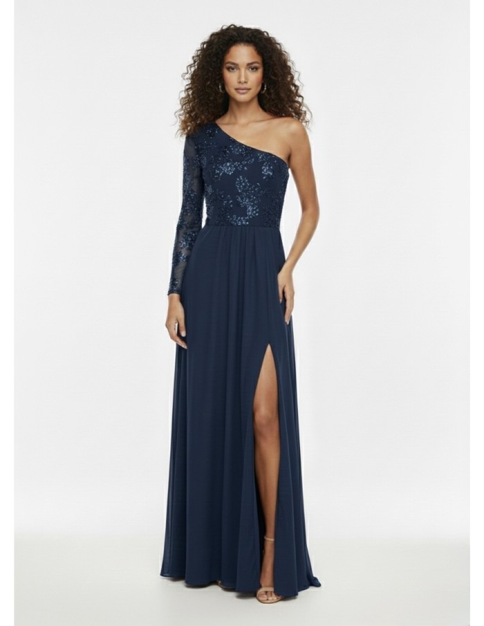 ROBE LONGUE ASYMÉTRIQUE BLEU MARINE - FEMME