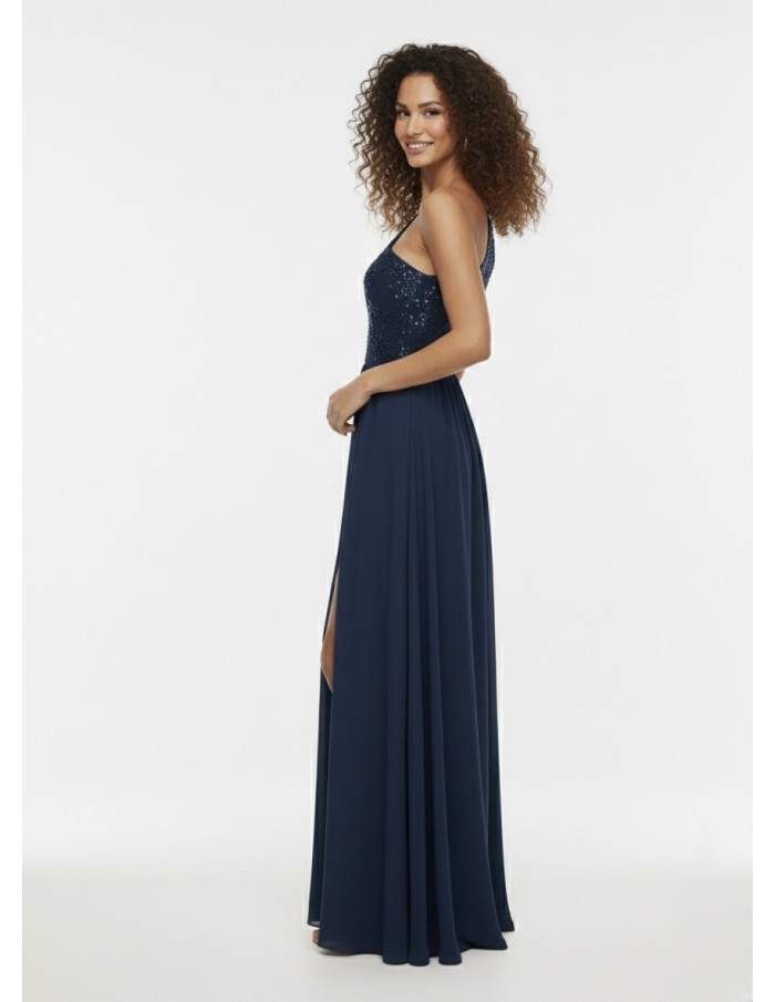 ROBE LONGUE ASYMÉTRIQUE BLEU MARINE - FEMME