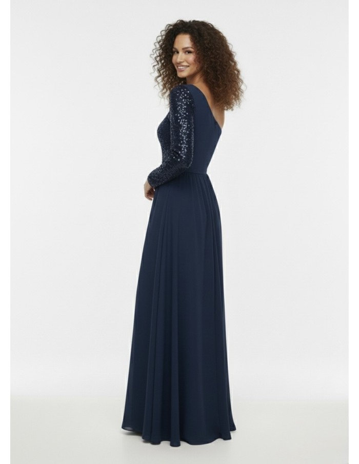 ROBE LONGUE ASYMÉTRIQUE BLEU MARINE - FEMME