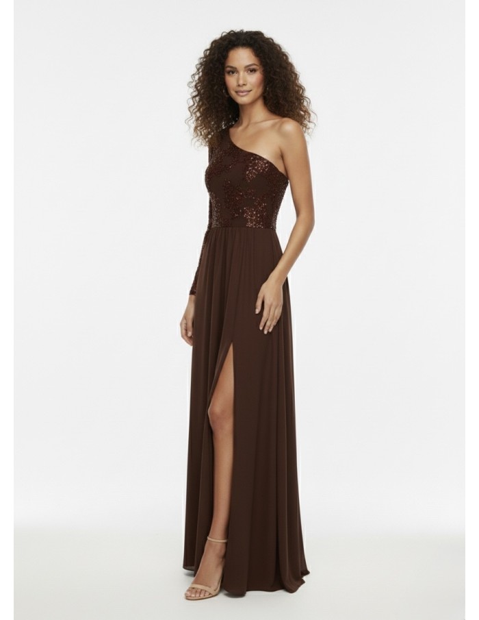 ROBE LONGUE ASYMÉTRIQUE MARRON - FEMME
