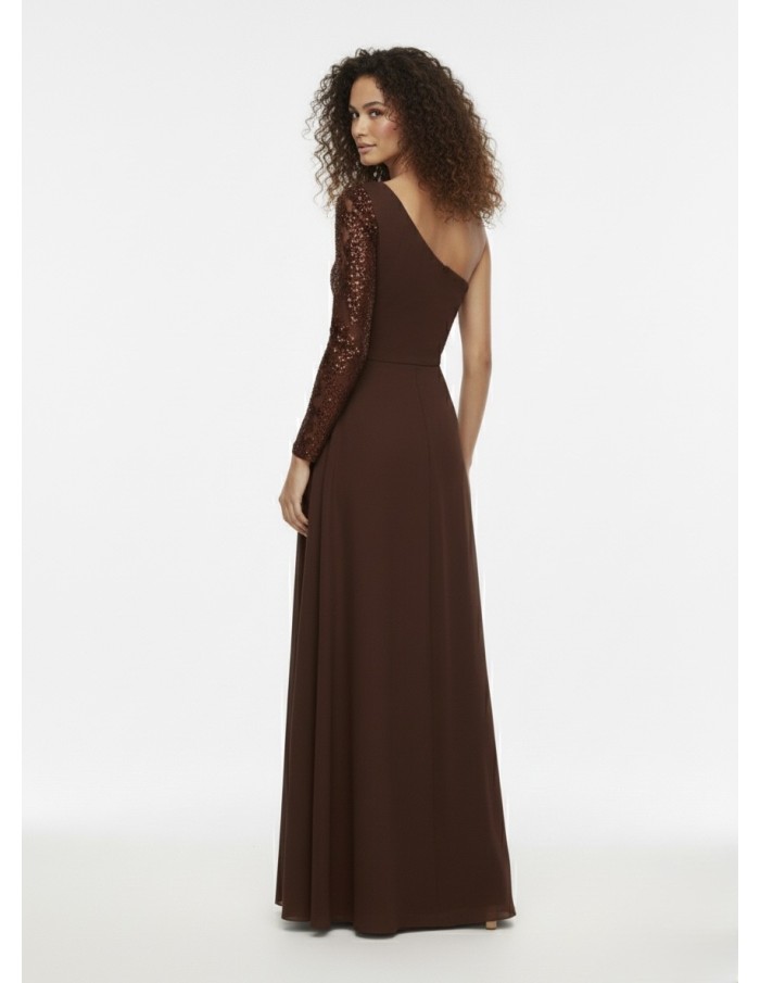ROBE LONGUE ASYMÉTRIQUE MARRON - FEMME
