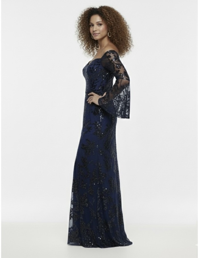 ROBE LONGUE BLEU MARINE COL BARDOT & MOTIFS SCINTILLANTS - FEMME
