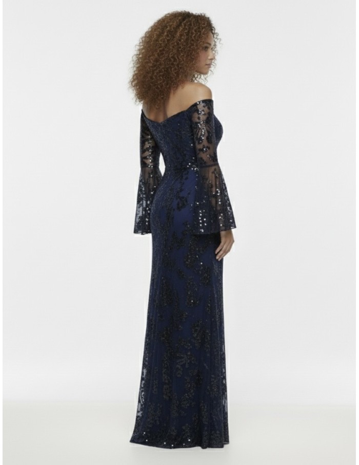 ROBE LONGUE BLEU MARINE COL BARDOT & MOTIFS SCINTILLANTS - FEMME