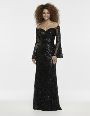 ROBE LONGUE NOIR COL BARDOT & MOTIFS...