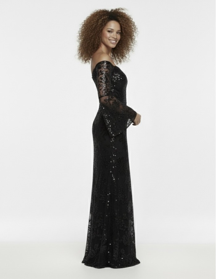 ROBE LONGUE NOIR COL BARDOT & MOTIFS SCINTILLANTS - FEMME