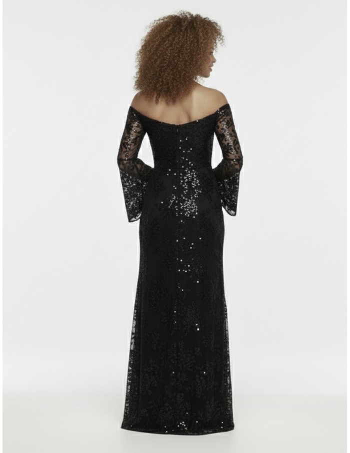 ROBE LONGUE NOIR COL BARDOT & MOTIFS SCINTILLANTS - FEMME