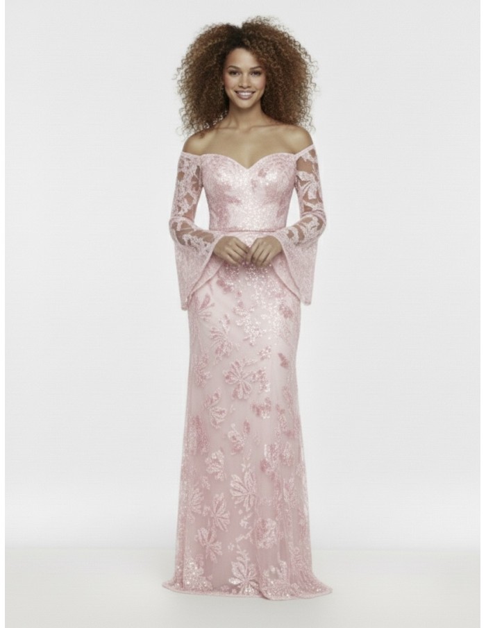 ROBE LONGUE ROSE COL BARDOT & MOTIFS SCINTILLANTS - FEMME