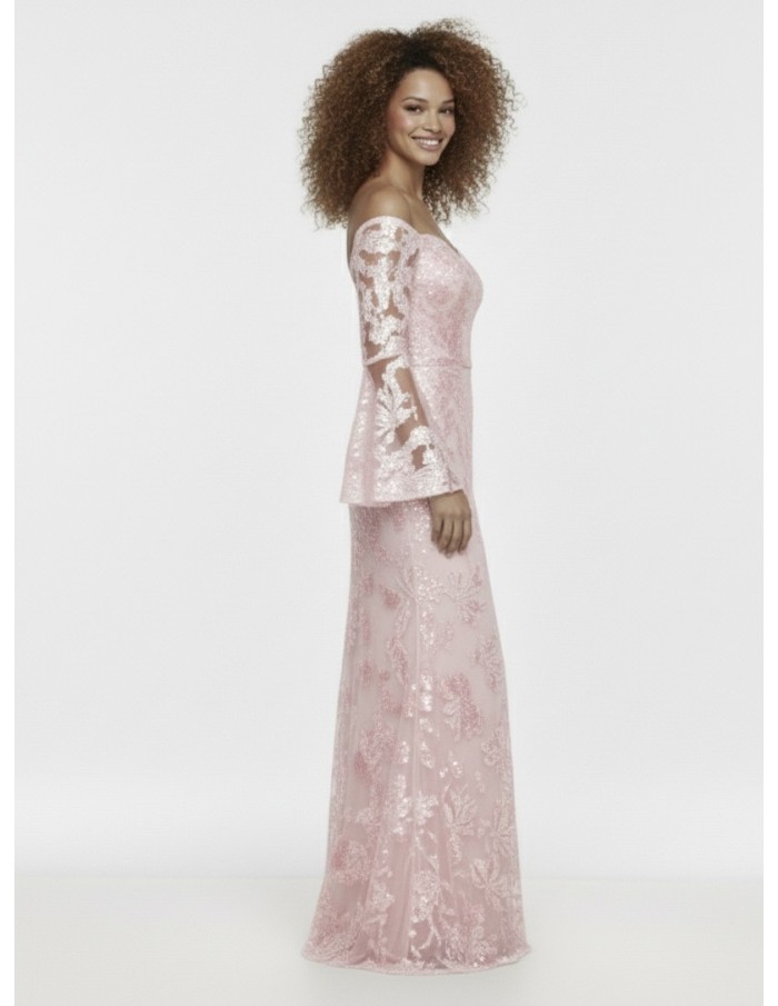 ROBE LONGUE ROSE COL BARDOT & MOTIFS SCINTILLANTS - FEMME