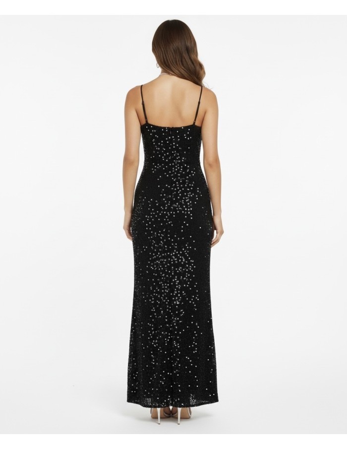 ROBE LONGUE NOIR À SEQUINS À BRETELLES FINES - FEMME