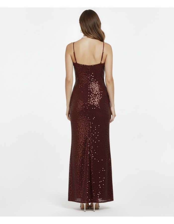 ROBE LONGUE BORDEAUX À SEQUINS À BRETELLES FINES - FEMME