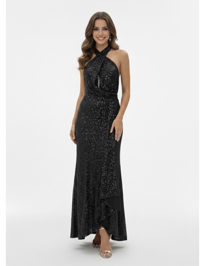 ROBE LONGUE À SEQUINS NOIR DOS NU - FEMME