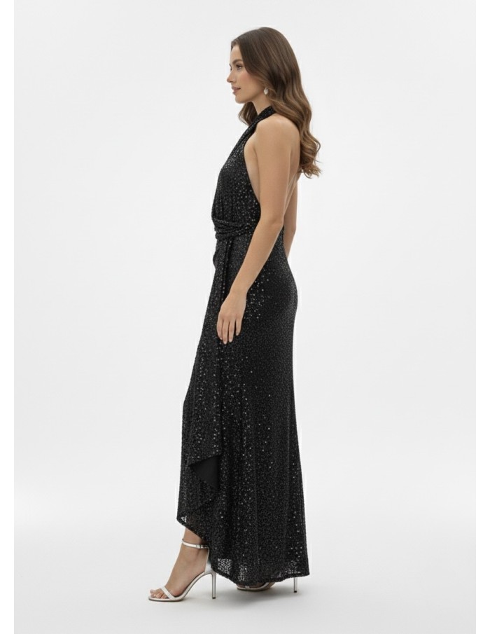 ROBE LONGUE À SEQUINS NOIR DOS NU - FEMME
