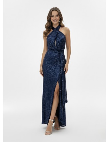 ROBE LONGUE À SEQUINS BLEU DOS NU -...