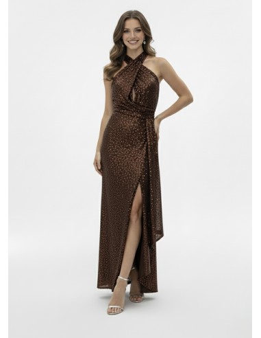 ROBE LONGUE À SEQUINS MARRON DOS NU -...