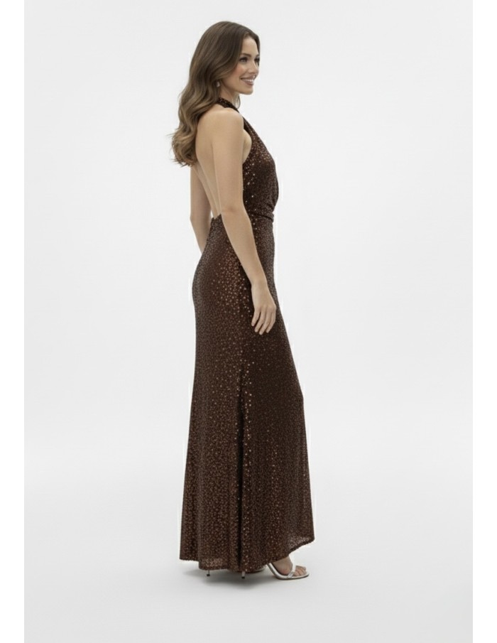 ROBE LONGUE À SEQUINS MARRON DOS NU - FEMME