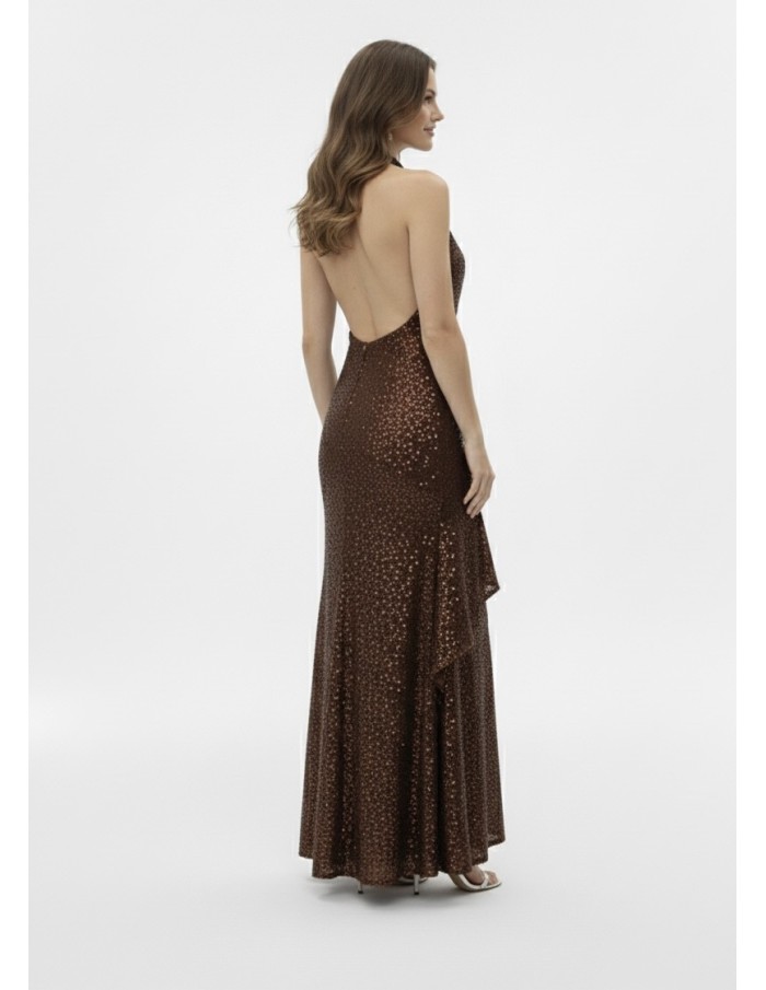 ROBE LONGUE À SEQUINS MARRON DOS NU - FEMME