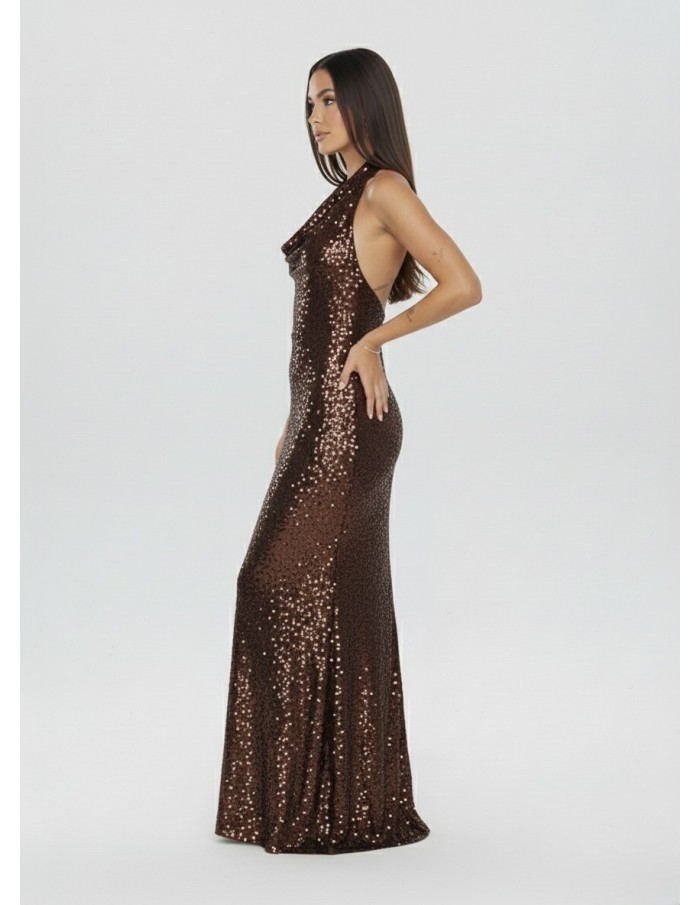 ROBE LONGUE MARRON COL NOUÉ  & SEQUINS - FEMME