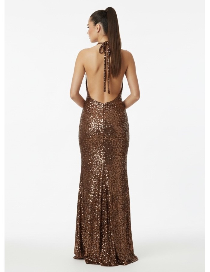 ROBE LONGUE MARRON COL NOUÉ  & SEQUINS - FEMME