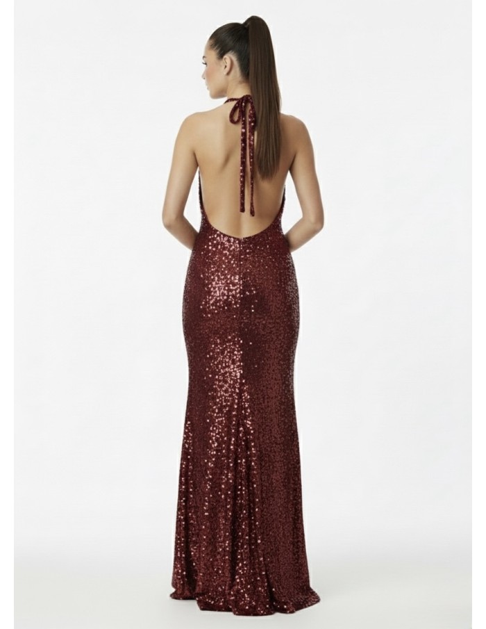 ROBE LONGUE BORDEAUX COL NOUÉ & SEQUINS - FEMME