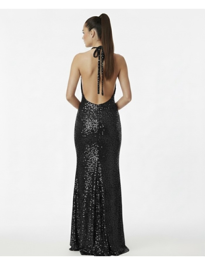 ROBE LONGUE NOIR COL NOUÉ & SEQUINS - FEMME