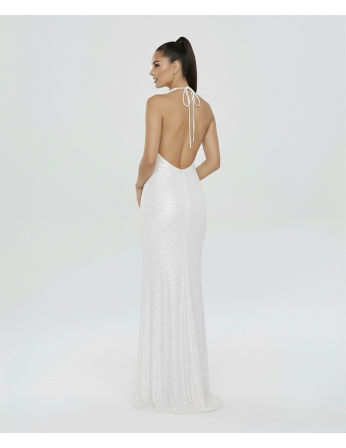 ROBE LONGUE BLANCHE COL NOUÉ & SEQUINS - FEMME