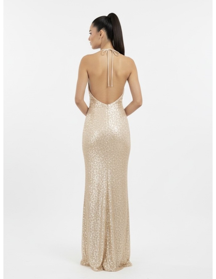 ROBE LONGUE OR COL NOUÉ & SEQUINS - FEMME