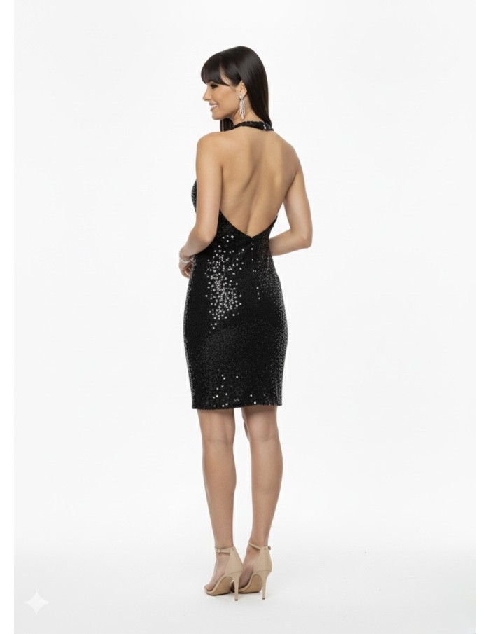 ROBE COURTE NOIR À SEQUINS COL TOMBANT - FEMME