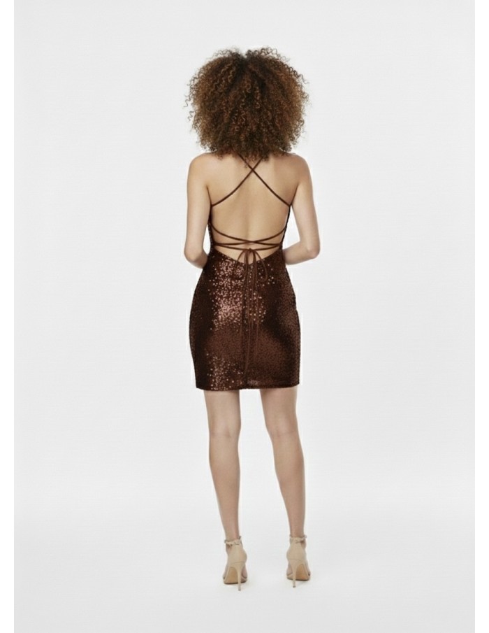 ROBE COURTE MARRON À SEQUINS & DOS CROISÉ