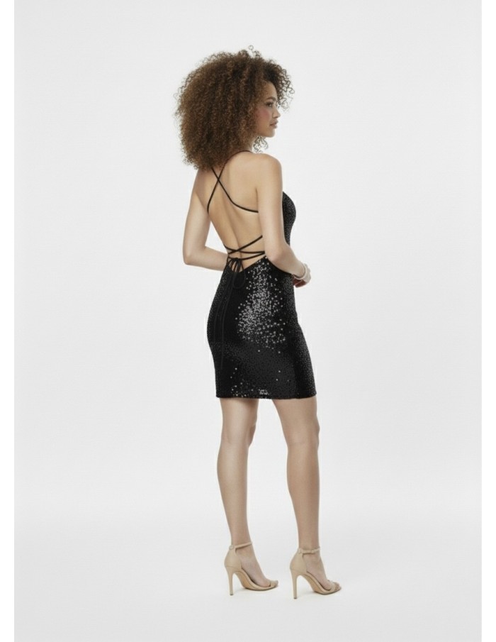ROBE COURTE NOIR À SEQUINS & DOS CROISÉ