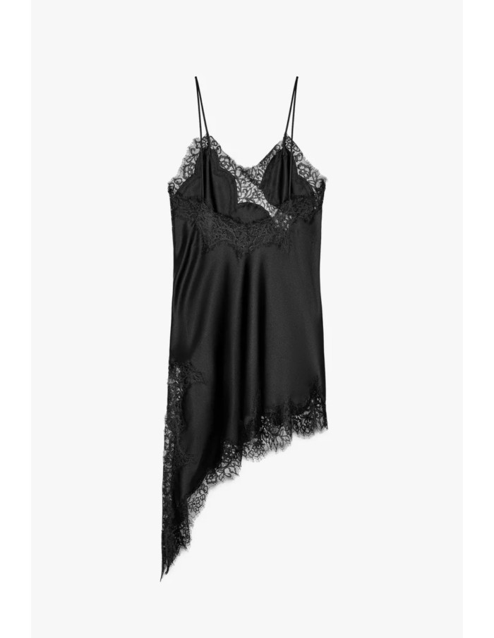 Robe Courte Noire Satinée Dentelle & Coupe Asymétrique