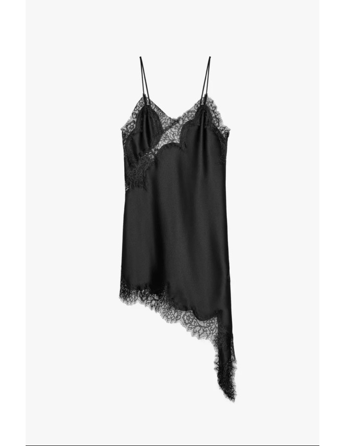 Robe Courte Noire Satinée Dentelle & Coupe Asymétrique