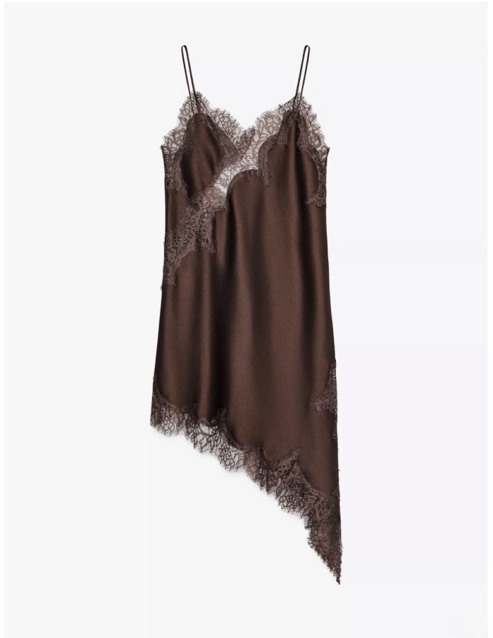 ROBE COURTE MARRON SATINÉE DENTELLE & COUPE ASYMÉTRIQUE