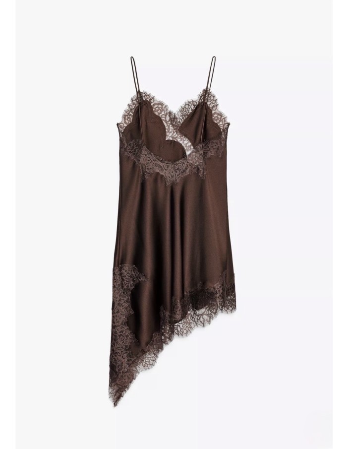 ROBE COURTE MARRON SATINÉE DENTELLE & COUPE ASYMÉTRIQUE