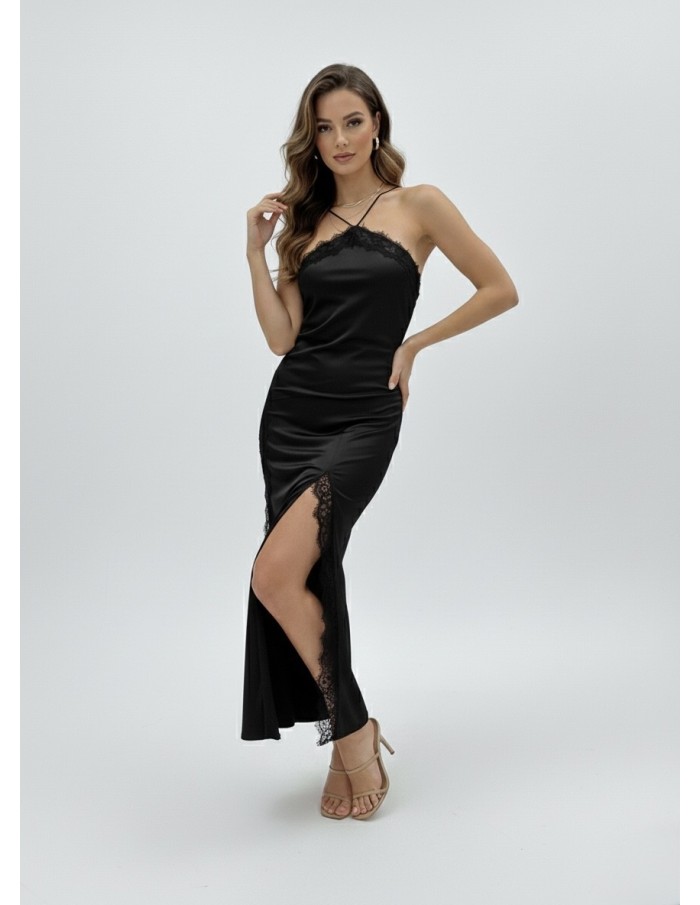 ROBE LONGUE NOIRE SATINÉE BRETELLES CROISÉES & FENTE DENTELLE