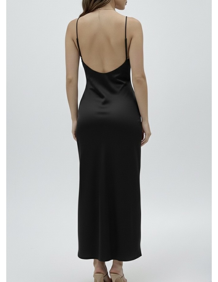 ROBE LONGUE NOIRE SATINÉE BRETELLES CROISÉES & FENTE DENTELLE