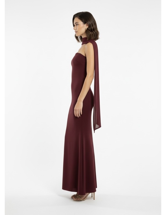 Robe Longue BORDEAUX Bustier avec Détail Foulard - FEMME