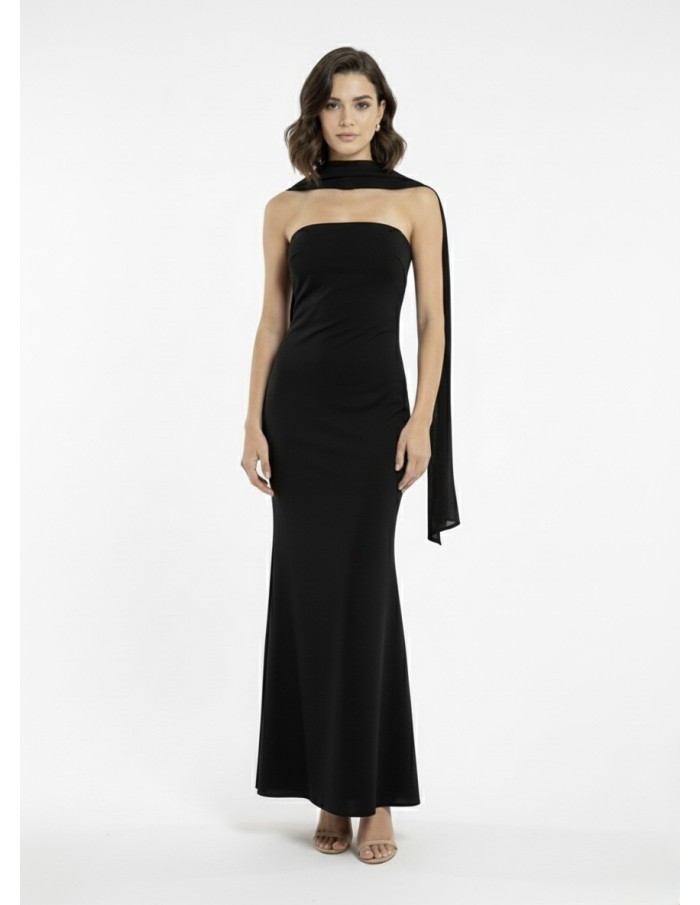 ROBE LONGUE NOIRE BUSTIER AVEC DÉTAIL FOULARD - FEMME