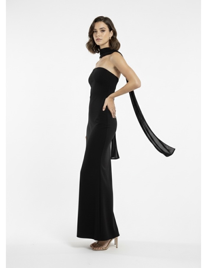 ROBE LONGUE NOIRE BUSTIER AVEC DÉTAIL FOULARD - FEMME