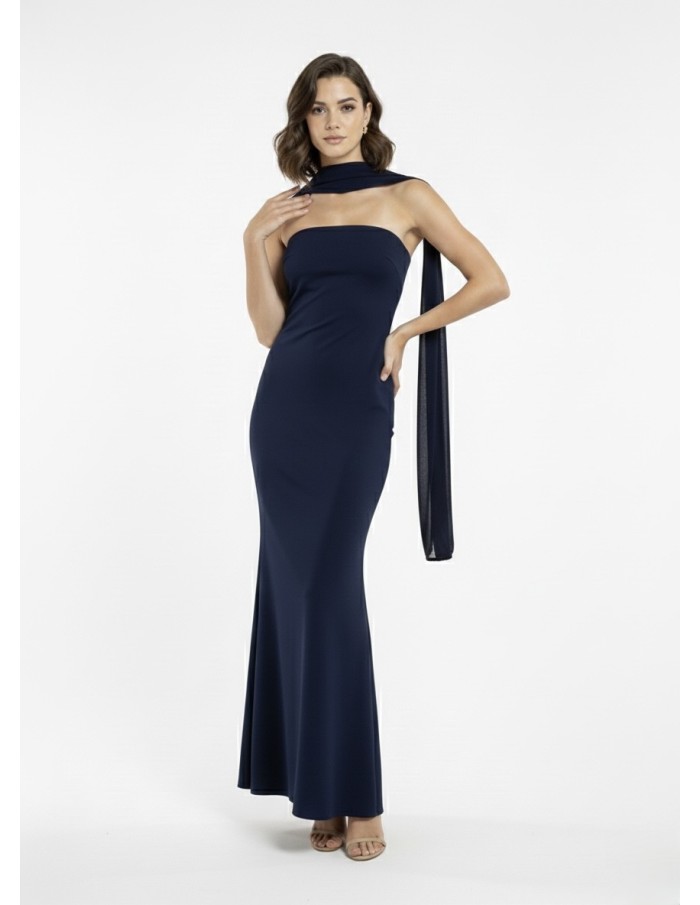 ROBE LONGUE BLEU MARINE BUSTIER AVEC DÉTAIL FOULARD - FEMME
